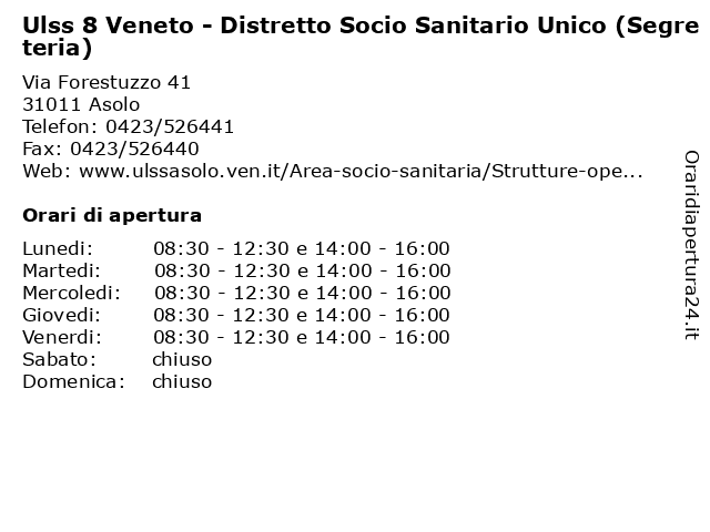 Orari di apertura Ulss 8 Veneto Distretto Socio Sanitario